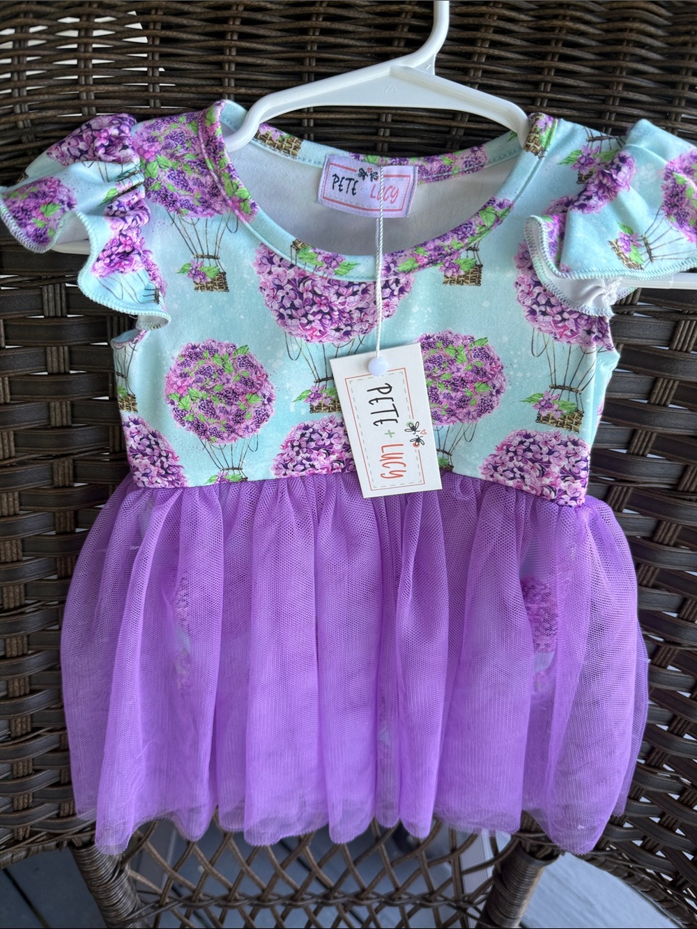 PETE LUCY Purple Tutu Lavender Flowers Hot Air Balloon Basket Romper Sz 3/6M